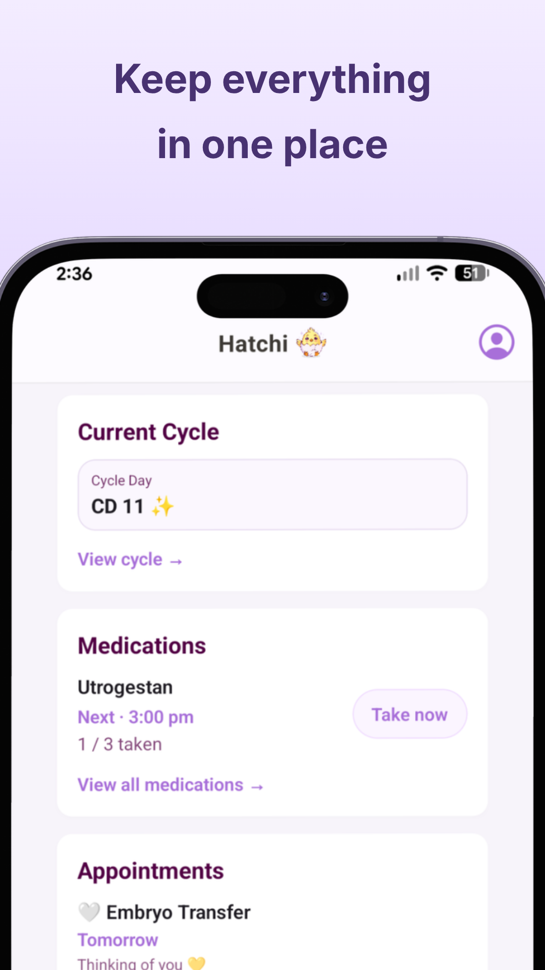 Hatchi app preview showing an IVF tracking dashboard
